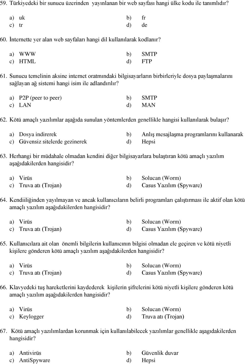 a) P2P (peer to peer) b) SMTP c) LAN d) MAN 62. Kötü amaçlı yazılımlar aşağıda sunulan yöntemlerden genellikle hangisi kullanılarak bulaşır?