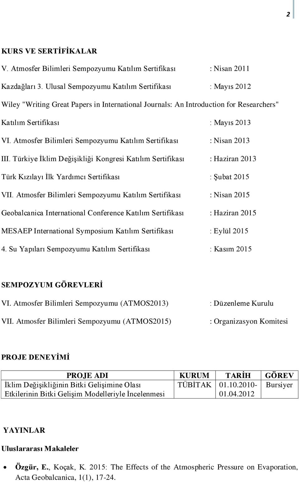 Atmosfer Bilimleri Sempozyumu Katılım Sertifikası : Nisan 2013 III. Türkiye İklim Değişikliği Kongresi Katılım Sertifikası : Haziran 2013 Türk Kızılayı İlk Yardımcı Sertifikası : Şubat 2015 VII.