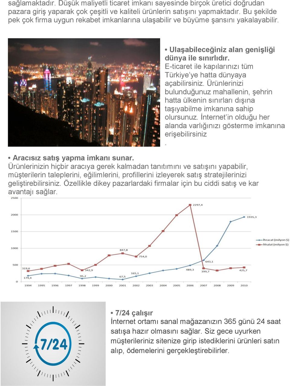 E-ticaret ile kapılarınızı tüm Türkiye ye hatta dünyaya açabilirsiniz. Ürünlerinizi bulunduğunuz mahallenin, şehrin hatta ülkenin sınırları dışına taşıyabilme imkanına sahip olursunuz.