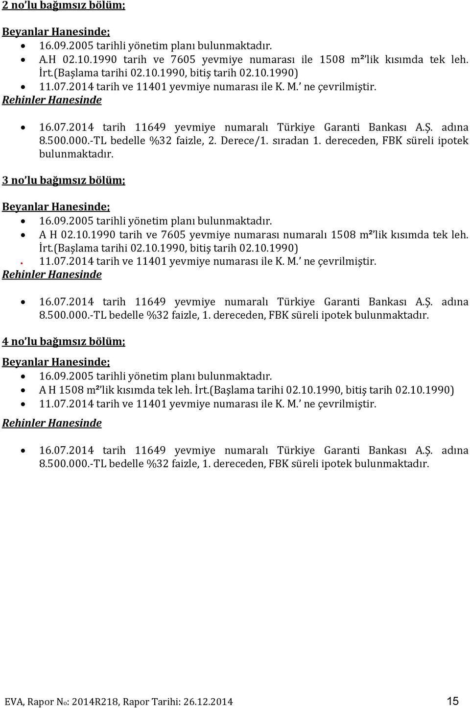 -TL bedelle %32 faizle, 2. Derece/1. sıradan 1. dereceden, FBK süreli ipotek bulunmaktadır. 3 no lu bağımsız bölüm; Beyanlar Hanesinde; 16.09.2005 tarihli yönetim planı bulunmaktadır. A H 02.10.