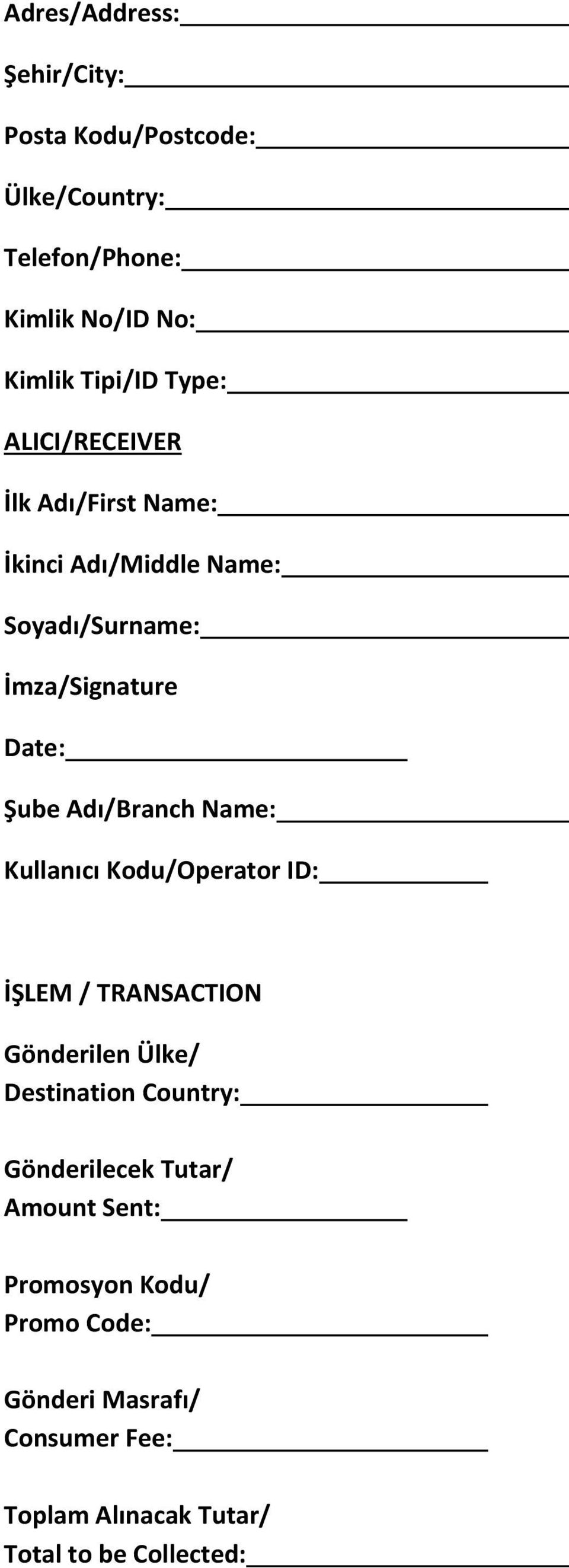 Adı/Branch Name: Kullanıcı Kodu/Operator ID: İŞLEM / TRANSACTION Gönderilen Ülke/ Destination Country:
