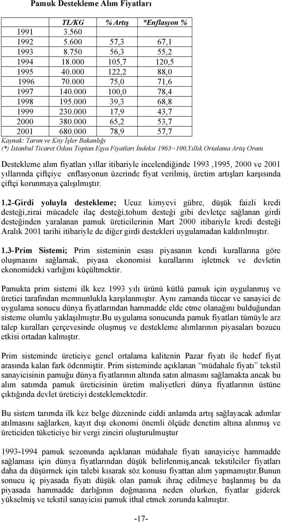 000 78,9 57,7 Kaynak: Tarõm ve Köy İşler Bakanlõğõ (*) İstanbul Ticaret Odasõ Toptan Eşya Fiyatlarõ İndeksi 1963=100,Yõllõk Ortalama Artõş Oranõ Destekleme alõm fiyatlarõ yõllar itibariyle