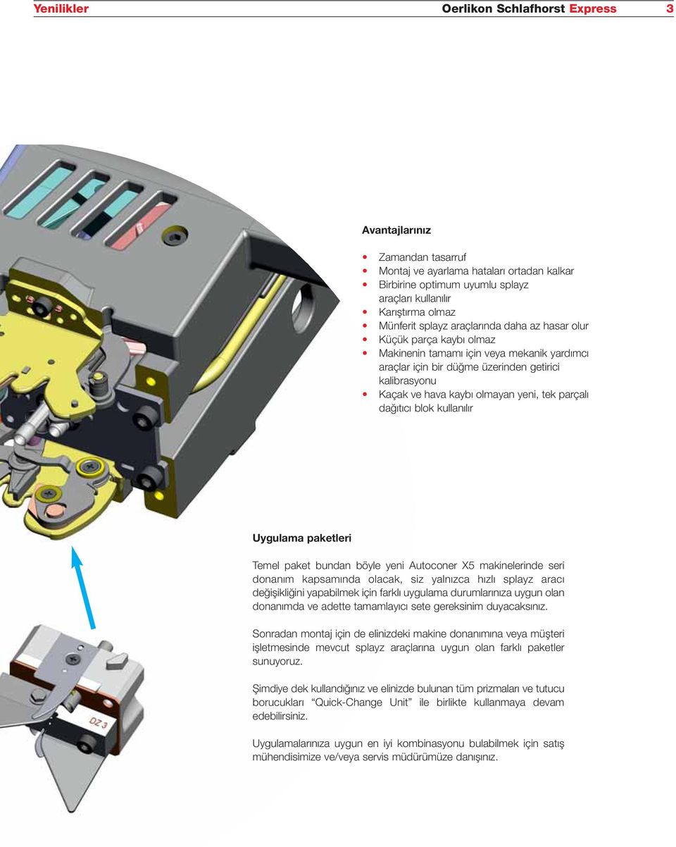 parçalı dağıtıcı blok kullanılır Uygulama paketleri Temel paket bundan böyle yeni Autoconer X5 makinelerinde seri donanım kapsamında olacak, siz yalnızca hızlı splayz aracı değişikliğini yapabilmek