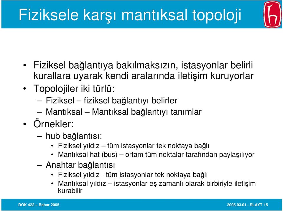 Fiziksel yıldız tüm istasyonlar tek noktaya bağlı Mantıksal hat (bus) ortam tüm noktalar tarafından paylaşılıyor Anahtar bağlantısı