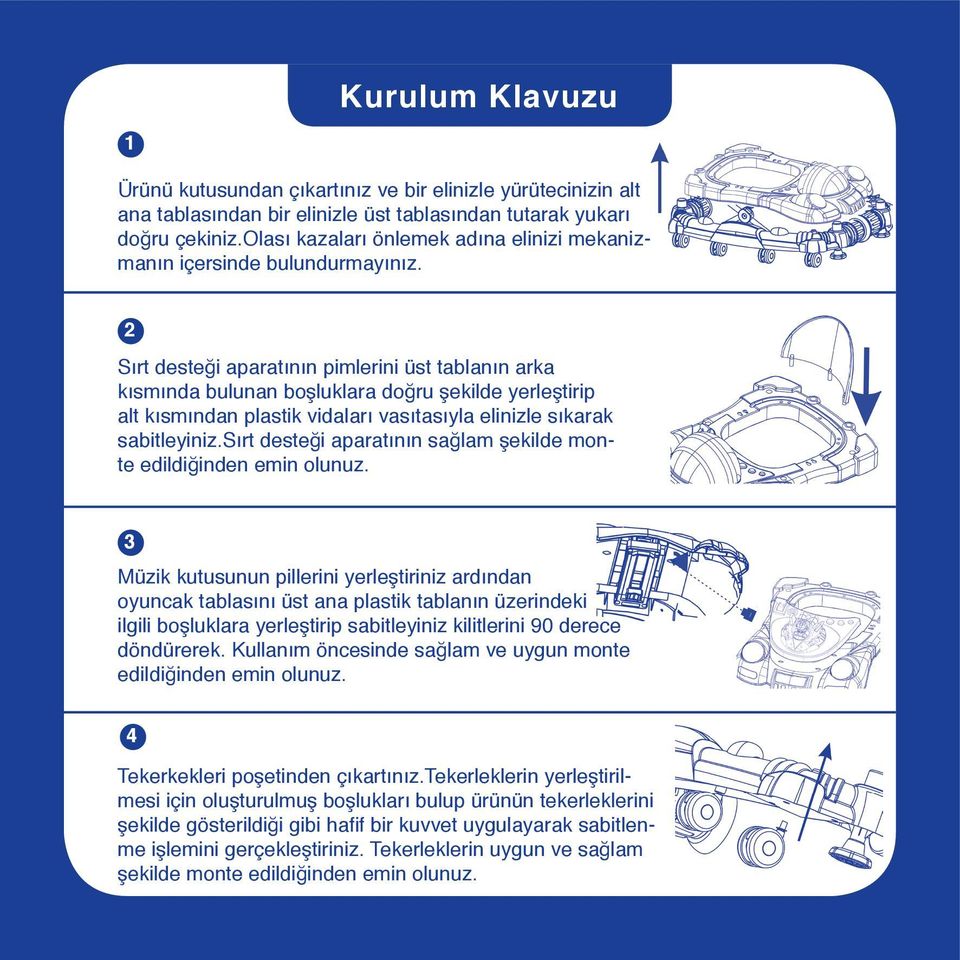 2 Sırt desteği aparatının pimlerini üst tablanın arka kısmında bulunan boşluklara doğru şekilde yerleştirip alt kısmından plastik vidaları vasıtasıyla elinizle sıkarak sabitleyiniz.