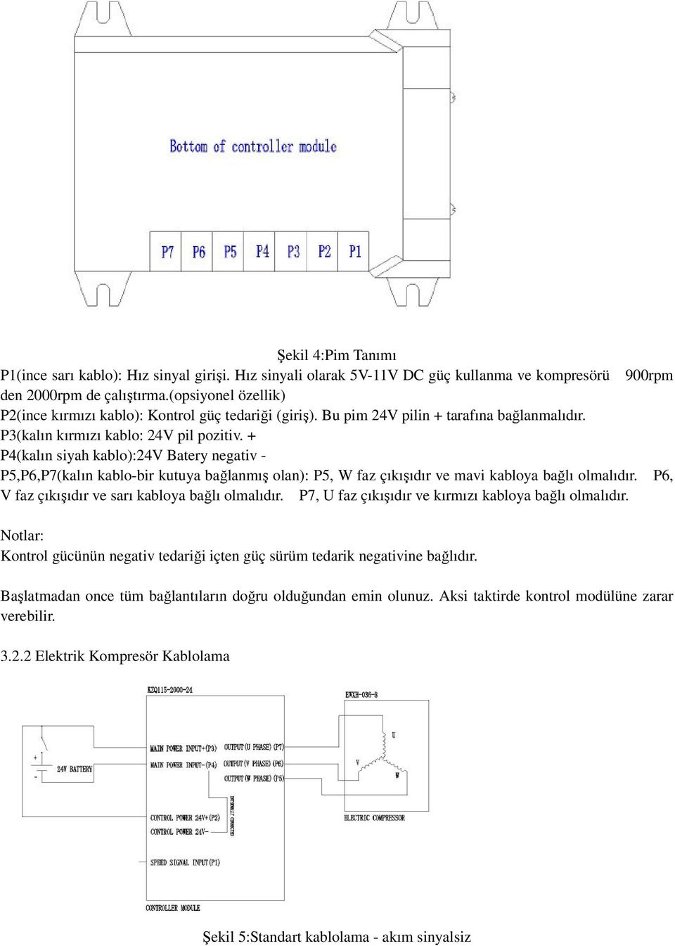 + P4(kalın siyah kablo):24v Batery negativ - P5,P6,P7(kalın kablo-bir kutuya bağlanmış olan): P5, W faz çıkışıdır ve mavi kabloya bağlı olmalıdır. P6, V faz çıkışıdır ve sarı kabloya bağlı olmalıdır.