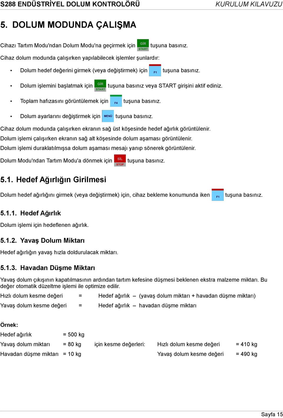 Dolum işlemini başlatmak için tuşuna basınız veya START girişini aktif ediniz. Toplam hafızasını görüntülemek için tuşuna basınız. Dolum ayarlarını değiştirmek için tuşuna basınız.