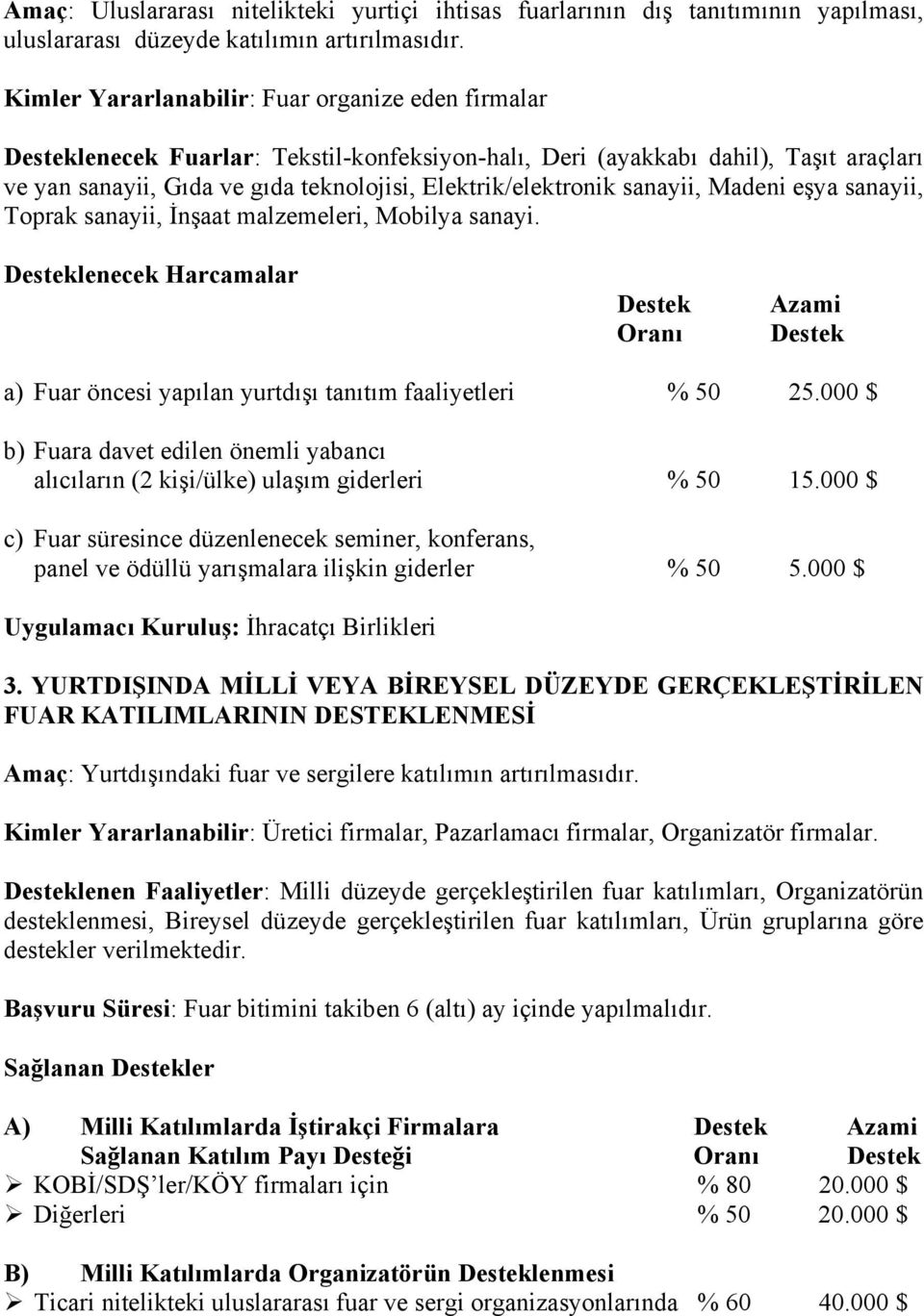 sanayii, Madeni eşya sanayii, Toprak sanayii, İnşaat malzemeleri, Mobilya sanayi. Desteklenecek Harcamalar Destek Oranı Azami Destek a) Fuar öncesi yapılan yurtdışı tanıtım faaliyetleri % 50 25.