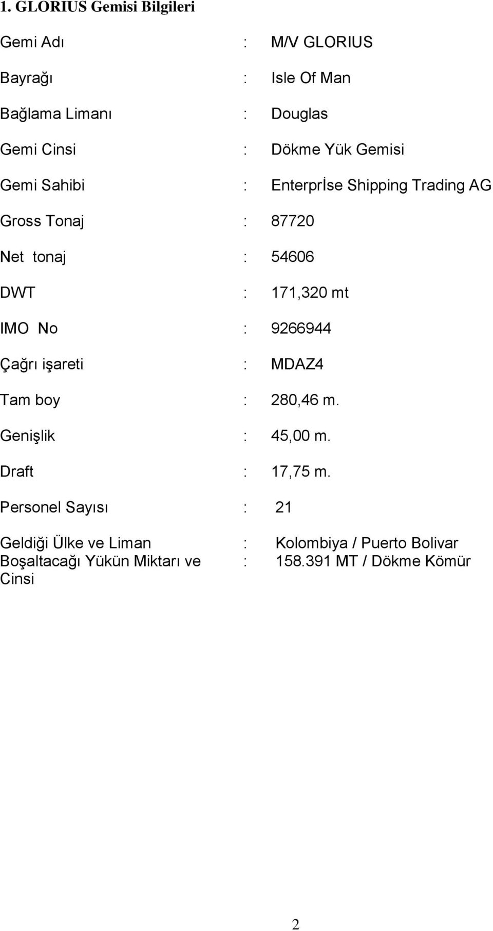 mt IMO No : 9266944 Çağrı işareti : MDAZ4 Tam boy : 280,46 m. Genişlik : 45,00 m. Draft : 17,75 m.