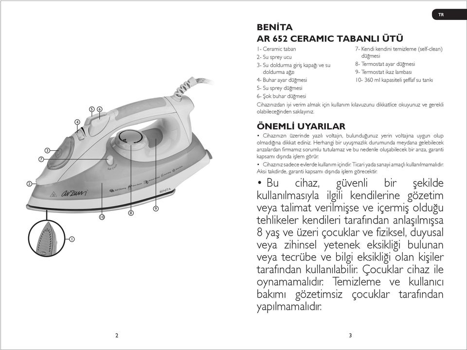 okuyunuz ve gerekli olabileceğinden saklayınız. 2 7 3 1 4 10 8 9 ÖNEMLİ UYARILAR Cihazınızın üzerinde yazılı voltajın, bulunduğunuz yerin voltajına uygun olup olmadığına dikkat ediniz.