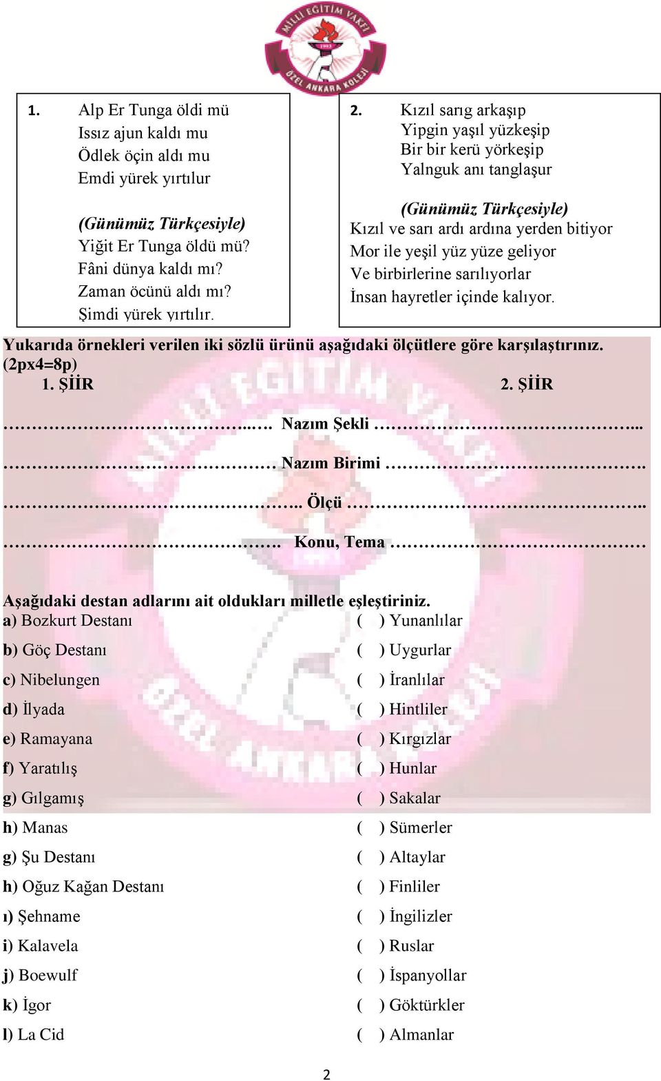 sarılıyorlar İnsan hayretler içinde kalıyor. Yukarıda örnekleri verilen iki sözlü ürünü aşağıdaki ölçütlere göre karşılaştırınız. (2px4=8p) 1. ŞİİR 2. ŞİİR... Nazım Şekli... Nazım Birimi... Ölçü.