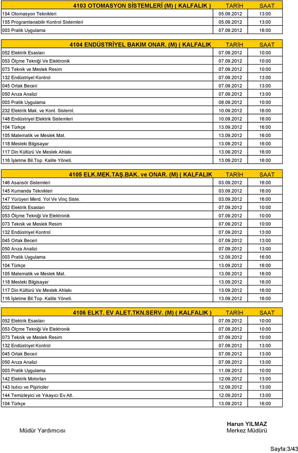 09.2012 13:00 050 Arıza Analizi 07.09.2012 13:00 003 Pratik Uygulama 08.09.2012 10:00 232 Elektrik Mak. ve Kont. Sisteml. 10.09.2012 16:00 148 Endüstriyel Elektrik Sistemleri 10.09.2012 16:00 4105 ELK.