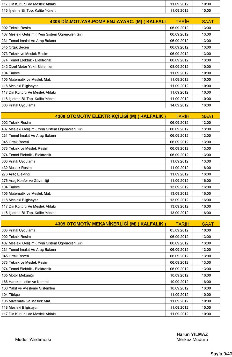 09.2012 16:00 4308 OTOMOTİV ELEKTRİKÇİLİĞİ (M) ( KALFALIK ) TARİH SAAT 002 Teknik Resim 06.09.2012 13:00 407 Meslekî Gelişim ( Yeni Sistem Öğrencileri Gir) 06.09.2012 13:00 231 Temel İmalat Ve Araç Bakımı 06.