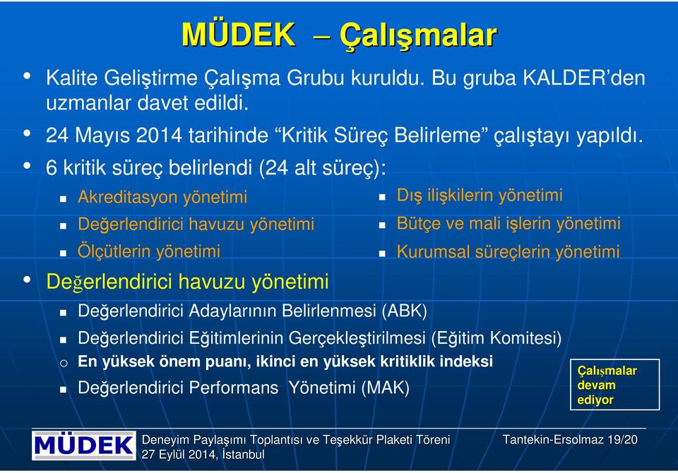 6 kritik süreç belirlendi (24 alt süreç): Akreditasyon yönetimi Değerlendirici havuzu yönetimi Ölçütlerin yönetimi Değerlendirici havuzu yönetimi