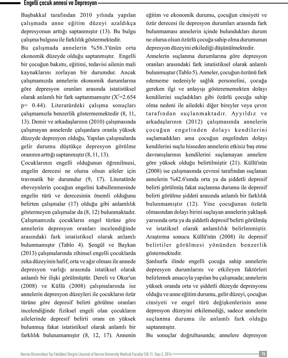 Ancak çalışmamızda annelerin ekonomik durumlarına göre depresyon oranları arasında istatistiksel olarak anlamlı bir fark saptanmamıştır (X =.654 p= 0.44).