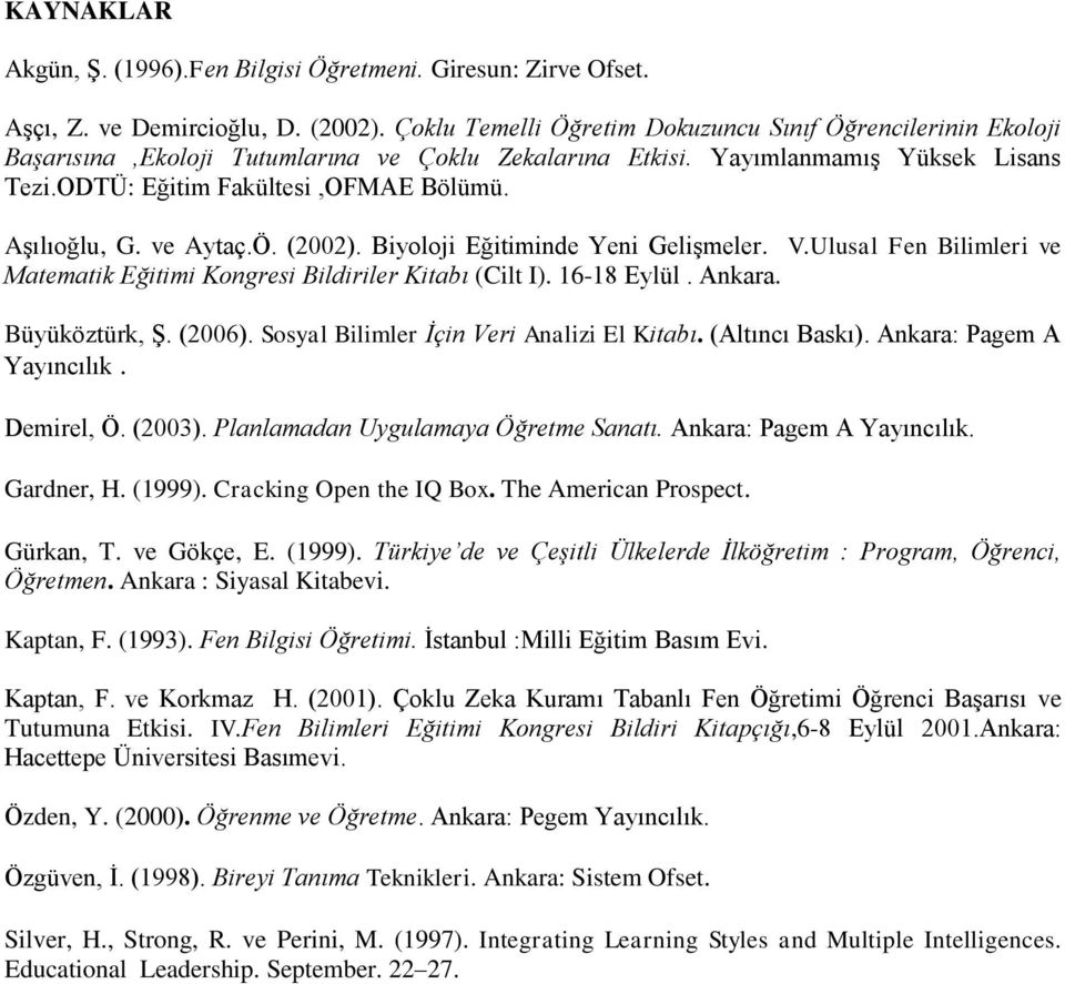 Aşılıoğlu, G. ve Aytaç.Ö. (2002). Biyoloji Eğitiminde Yeni Gelişmeler. V.Ulusal Fen Bilimleri ve Matematik Eğitimi Kongresi Bildiriler Kitabı (Cilt I). 16-18 Eylül. Ankara. Büyüköztürk, Ş. (2006).