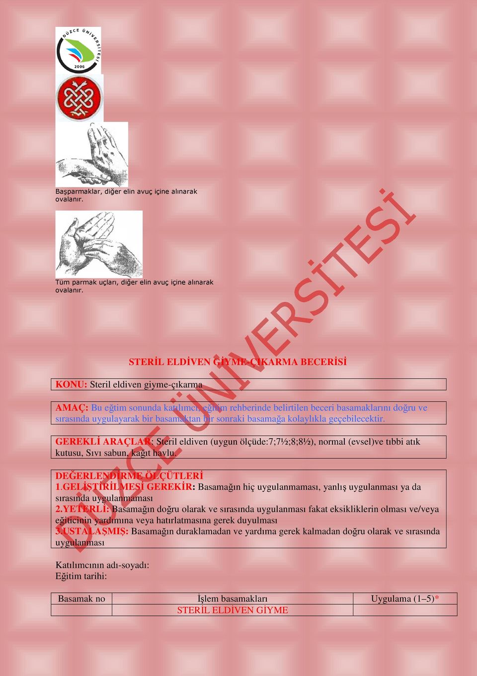 GEREKLĐ ARAÇLAR: Steril eldiven (uygun ölçüde:7;7½;8;8½), normal (evsel)ve tıbbi atık kutusu, Sıvı sabun, kağıt havlu. DEĞERLENDĐRME ÖLÇÜTLERĐ 1.