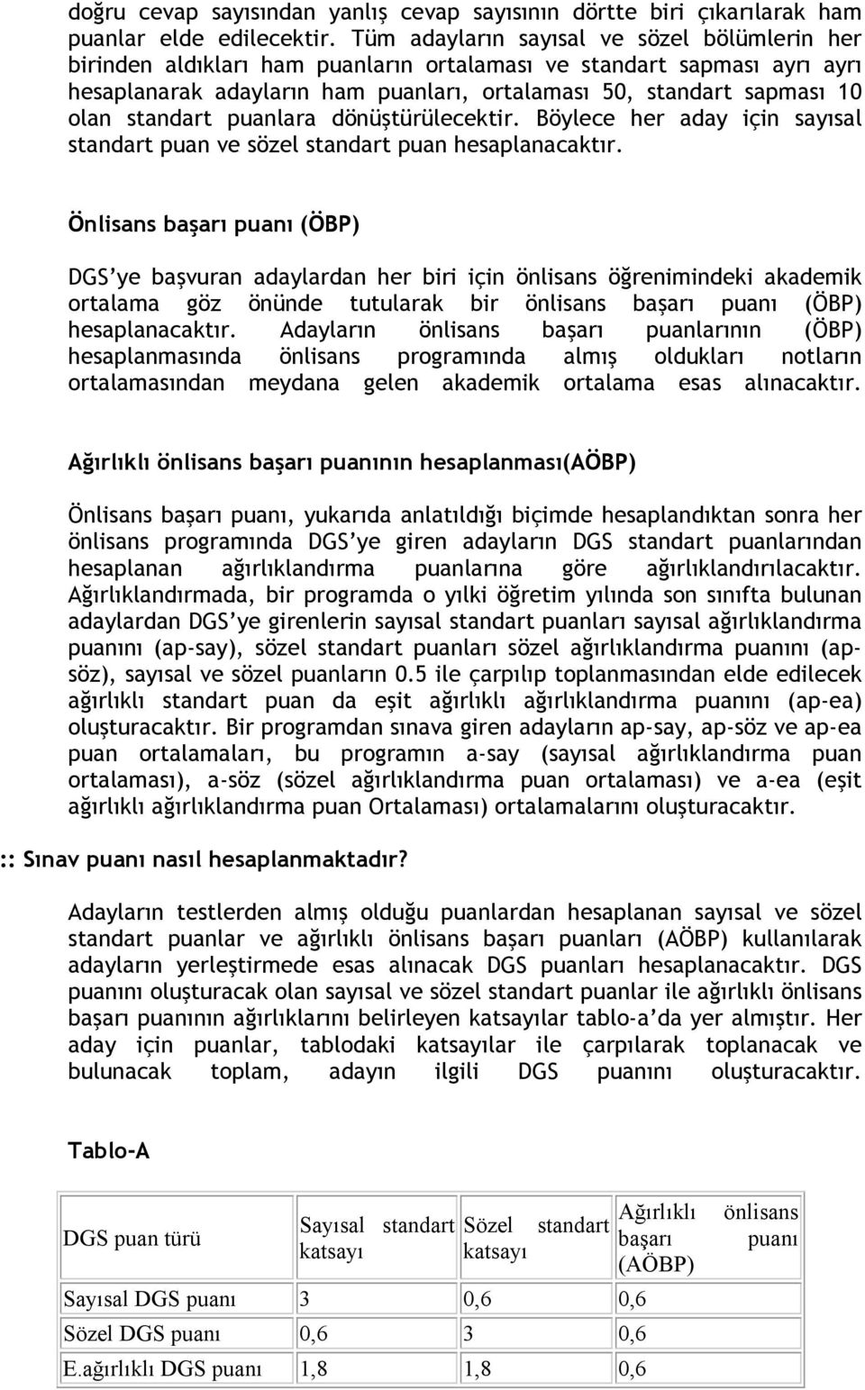 standart puanlara dönüştürülecektir. Böylece her aday için sayısal standart puan ve sözel standart puan hesaplanacaktır.