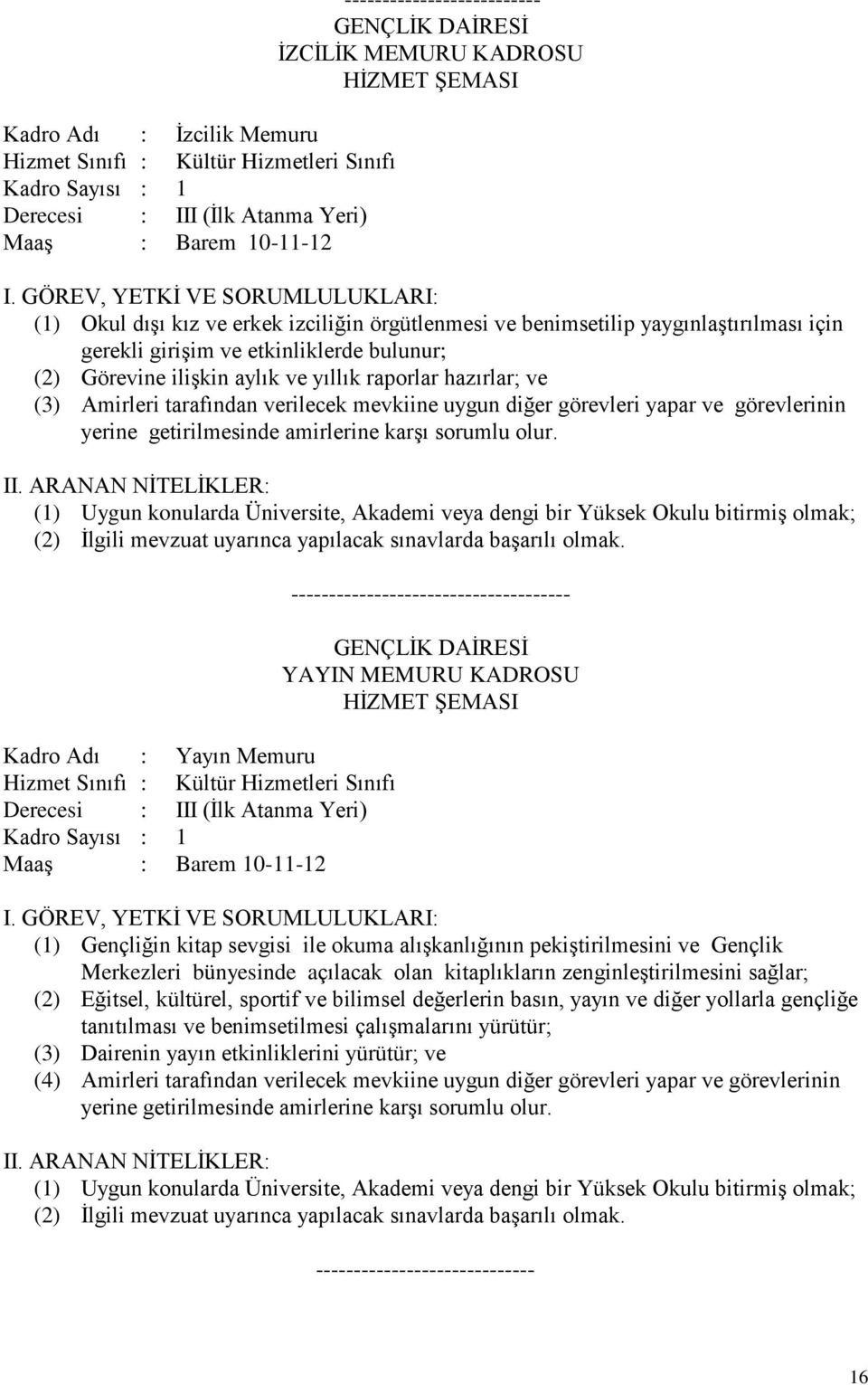 görevlerinin (1) Uygun konularda Üniversite, Akademi veya dengi bir Yüksek Okulu bitirmiş olmak; (2) İlgili mevzuat uyarınca yapılacak sınavlarda başarılı olmak.