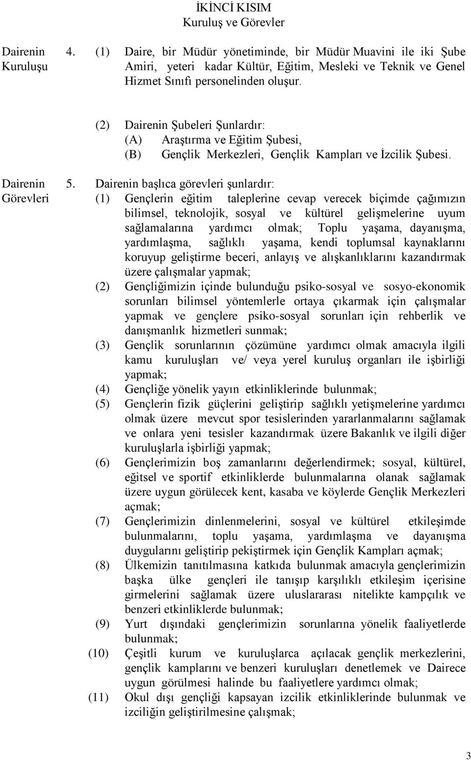 (2) Dairenin Şubeleri Şunlardır: (A) Araştırma ve Eğitim Şubesi, (B) Gençlik Merkezleri, Gençlik Kampları ve İzcilik Şubesi. Dairenin 5.