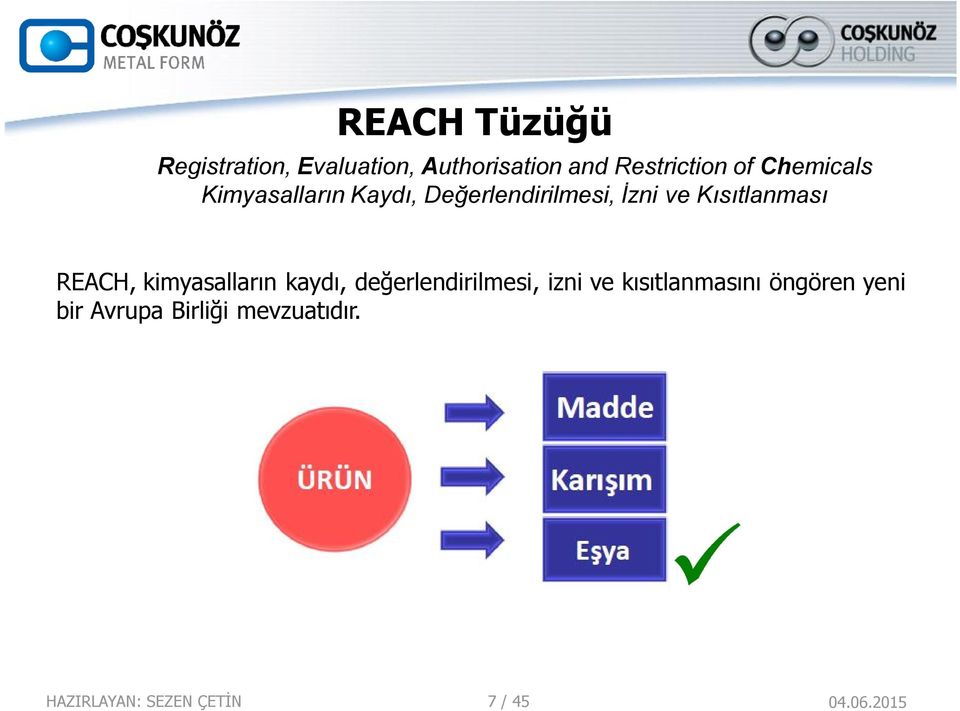 REACH, kimyasalların kaydı, değerlendirilmesi, izni ve kısıtlanmasını