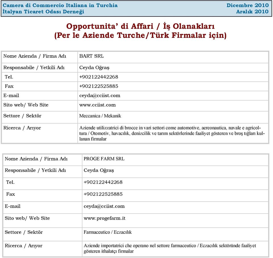 com Meccanica / Mekanik Aziende utilizzatrici di brocce in vari settori come automotive, aereonautica, navale e agricoltura / Otomotiv, havacılık, denizcilik ve tarım