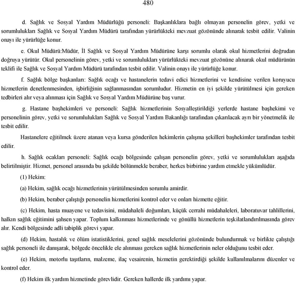 tesbit edilir. Valinin onayı ile yürürlüğe konur. e. Okul Müdürü:Müdür, İl Sağlık ve Sosyal Yardım Müdürüne karşı sorumlu olarak okul hizmetlerini doğrudan doğruya yürütür.