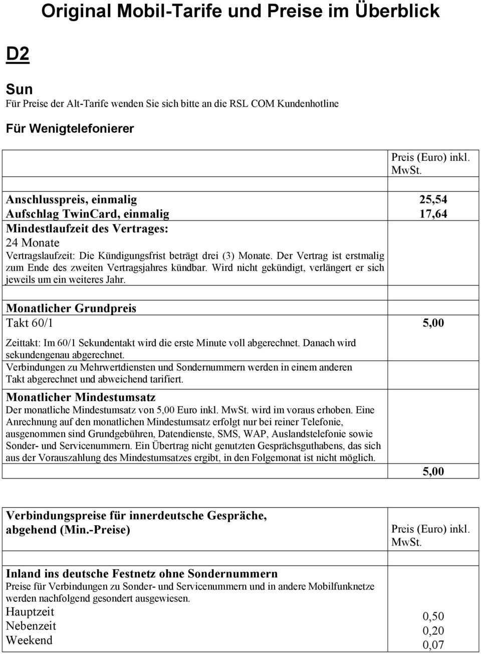 Wird nicht gekündigt, verlängert er sich jeweils um ein weiteres Jahr. Monatlicher Grundpreis Zeittakt: Im 60/1 Sekundentakt wird die erste Minute voll abgerechnet.