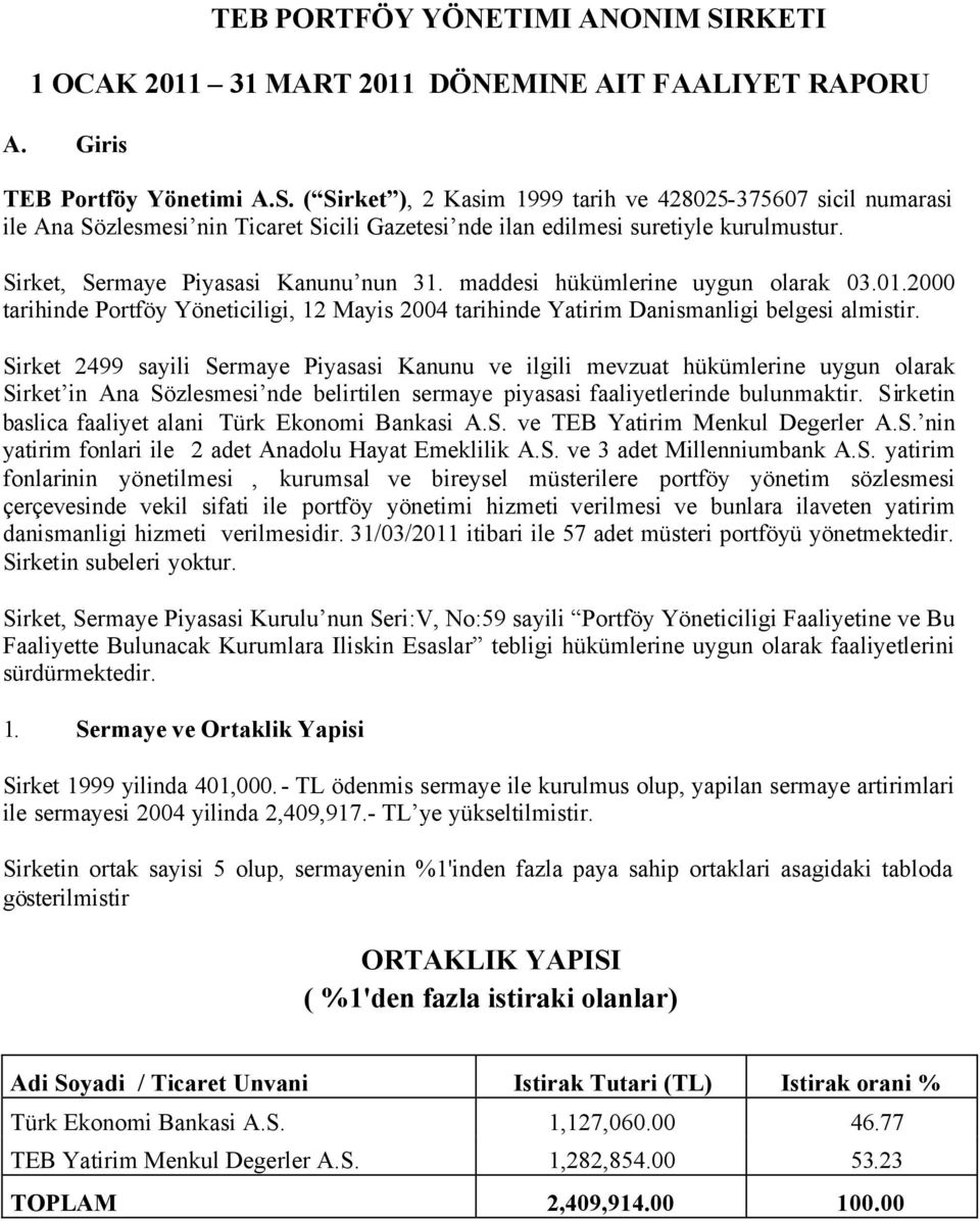 Sirket 2499 sayili Sermaye Piyasasi Kanunu ve ilgili mevzuat hükümlerine uygun olarak Sirket in Ana Sözlesmesi nde belirtilen sermaye piyasasi faaliyetlerinde bulunmaktir.