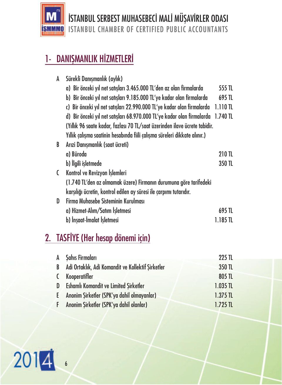 Yıllık çalışma saatinin hesabında fiili çalışma süreleri dikkate alınır.) Arızi Danışmanlık (saat ücreti) a) Büroda 210 TL b) İlgili işletmede 350 TL Kontrol ve Revizyon İşlemleri (1.