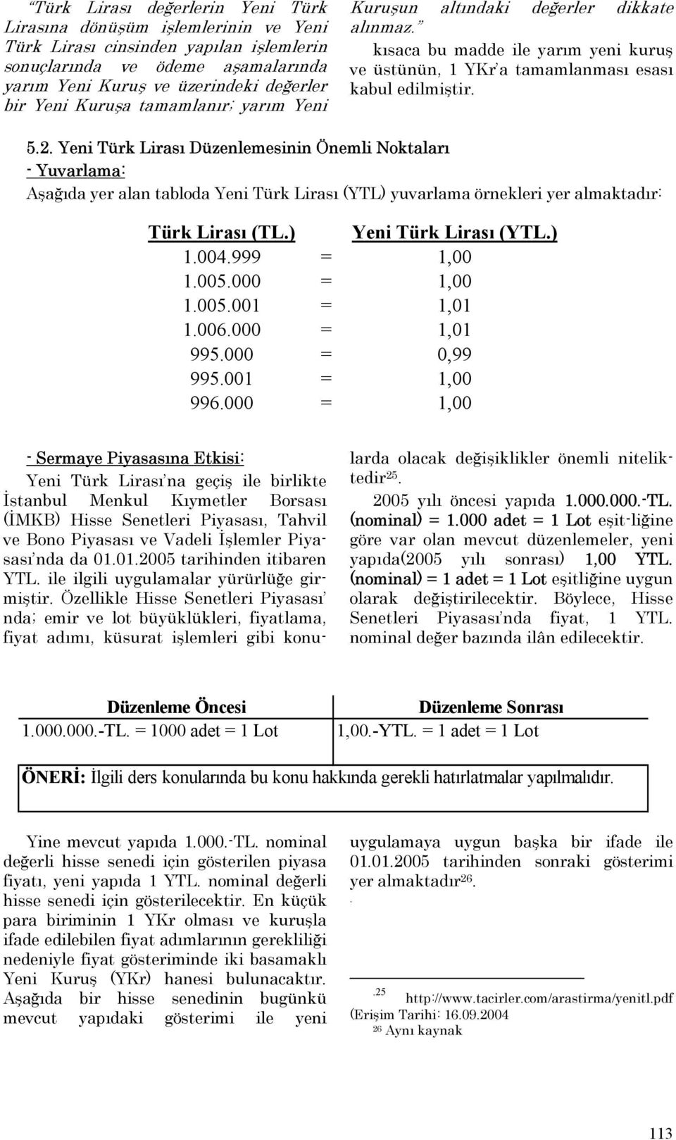 Yeni Türk Lirası Düzenlemesinin Önemli Noktaları - Yuvarlama: Aşağıda yer alan tabloda Yeni Türk Lirası (YTL) yuvarlama örnekleri yer almaktadır: Türk Lirası (TL.) Yeni Türk Lirası (YTL.) 1.004.