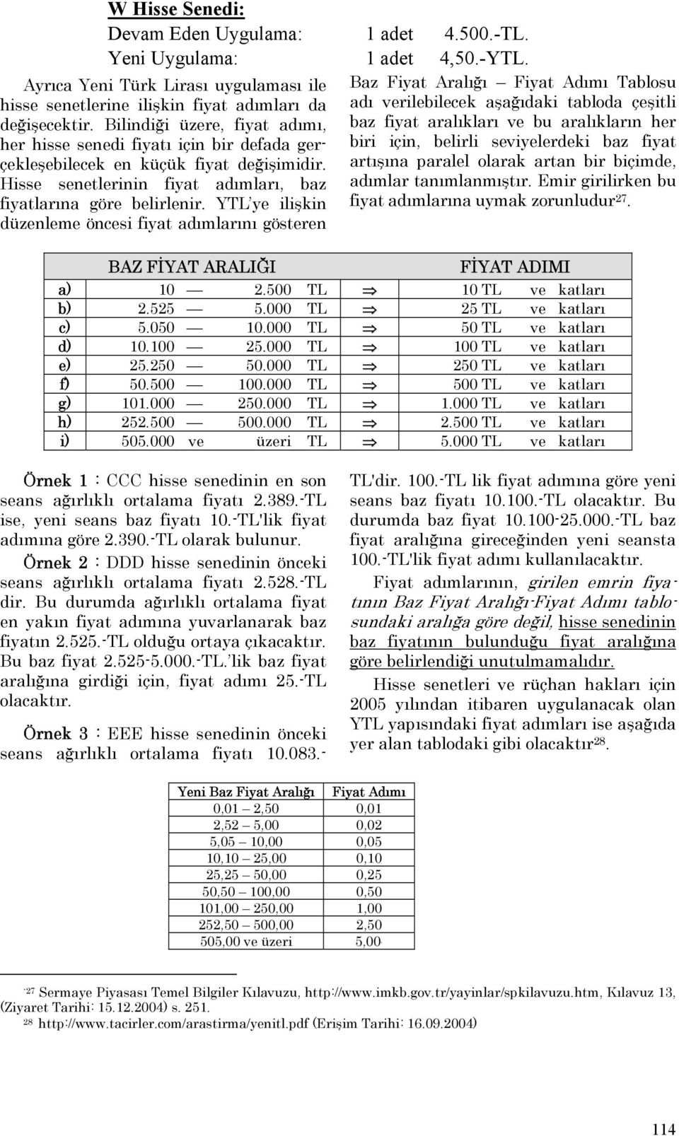 YTL ye ilişkin düzenleme öncesi fiyat adımlarını gösteren BAZ FİYAT ARALIĞI Baz Fiyat Aralığı Fiyat Adımı Tablosu adı verilebilecek aşağıdaki tabloda çeşitli baz fiyat aralıkları ve bu aralıkların