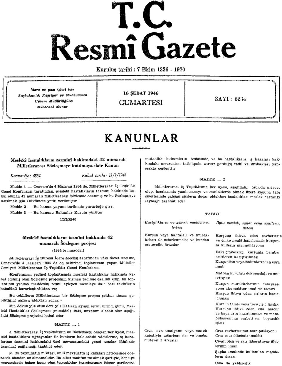 Teşkilâtı Genel Konferansı tarafından, meslekî hastalıkların tazmini hakkında kabul olunan 42 numaralı Milletlerarası Sözleşme onanmış ve bu Sözleşmeye katılmak için Hükümete yetki verilmiştir Madde