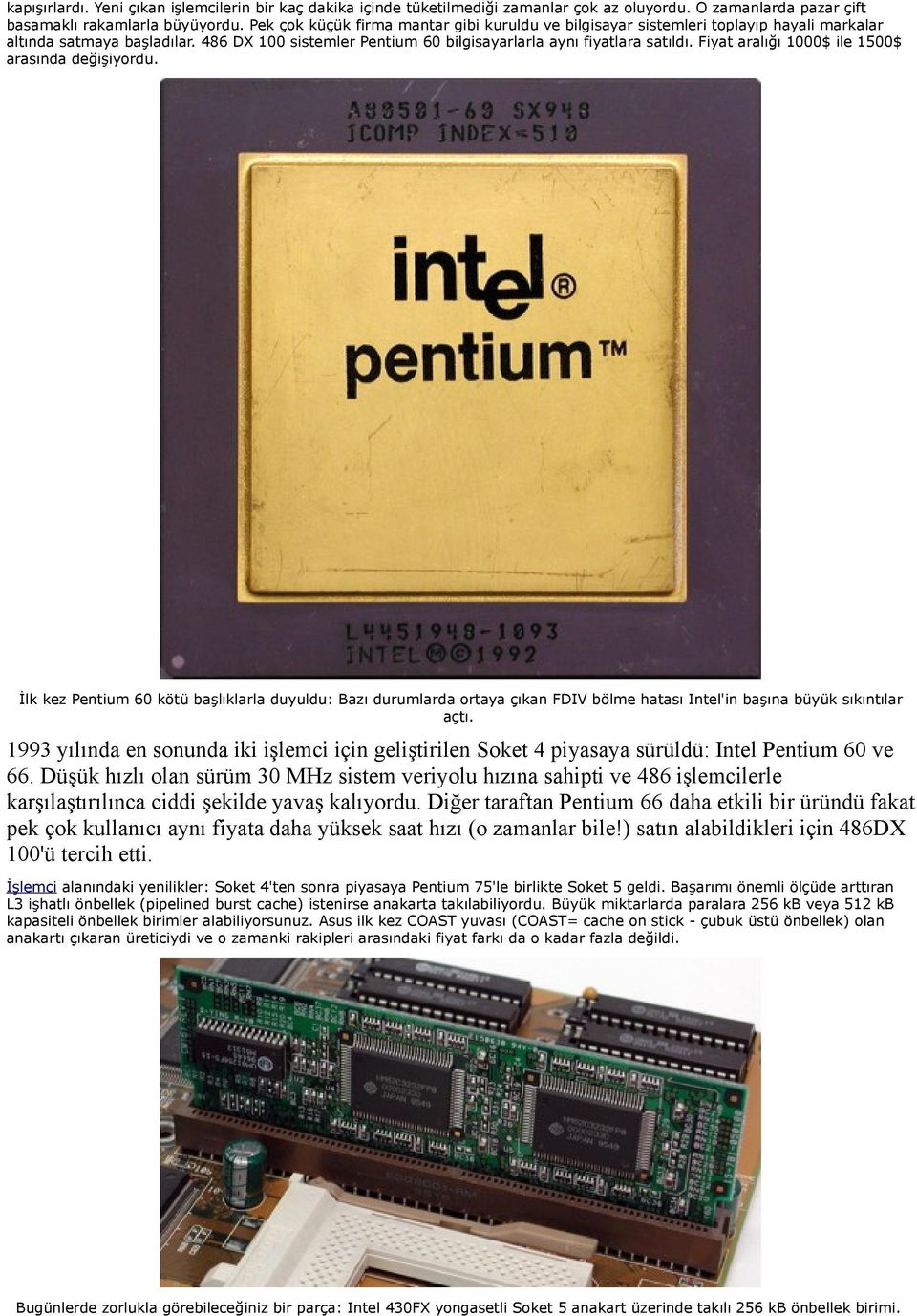 Fiyat aralığı 1000$ ile 1500$ arasında değişiyordu. İlk kez Pentium 60 kötü başlıklarla duyuldu: Bazı durumlarda ortaya çıkan FDIV bölme hatası Intel'in başına büyük sıkıntılar açtı.