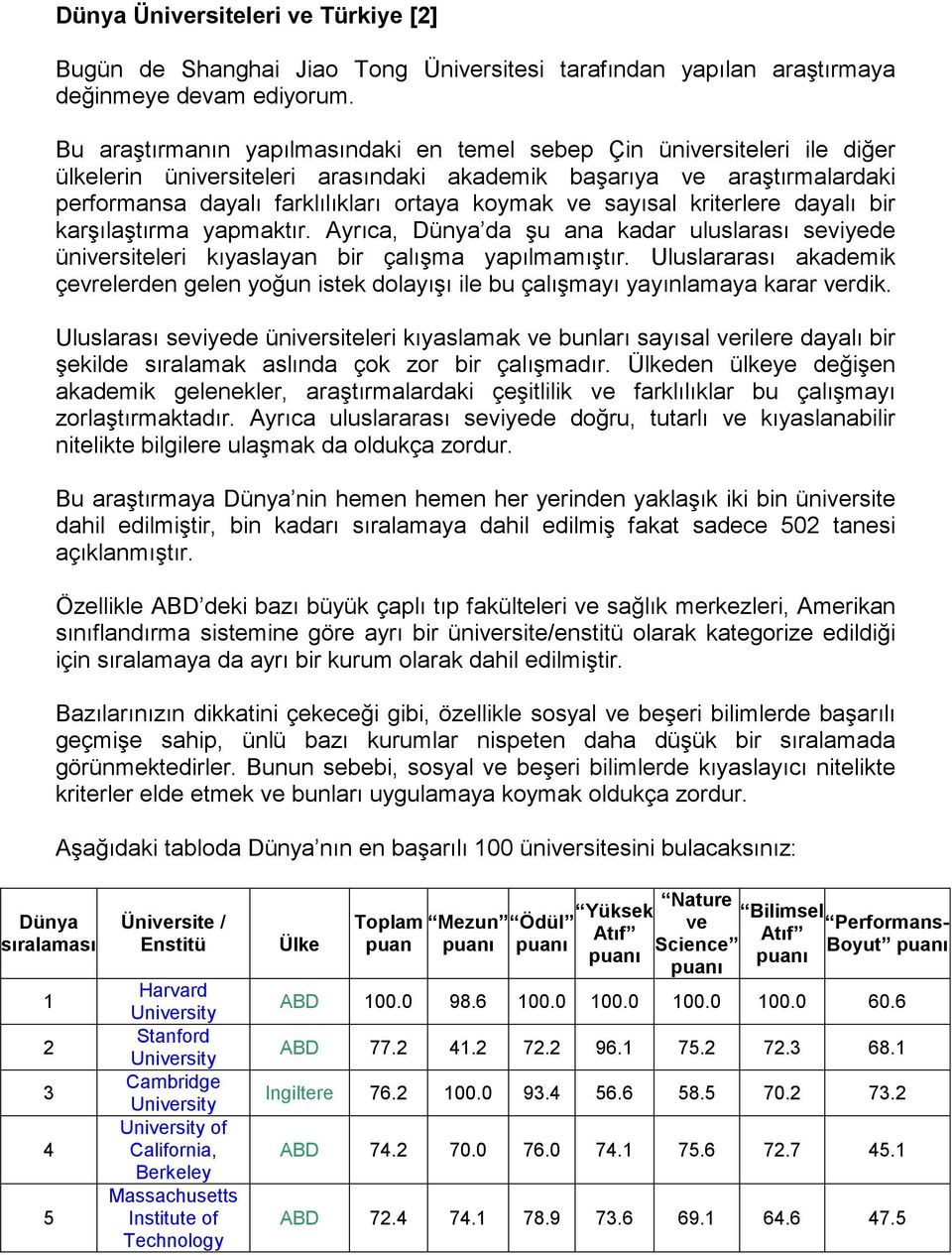 sayısal kriterlere dayalı bir karşılaştırma yapmaktır. Ayrıca, Dünya da şu ana kadar uluslarası seviyede üniversiteleri kıyaslayan bir çalışma yapılmamıştır.