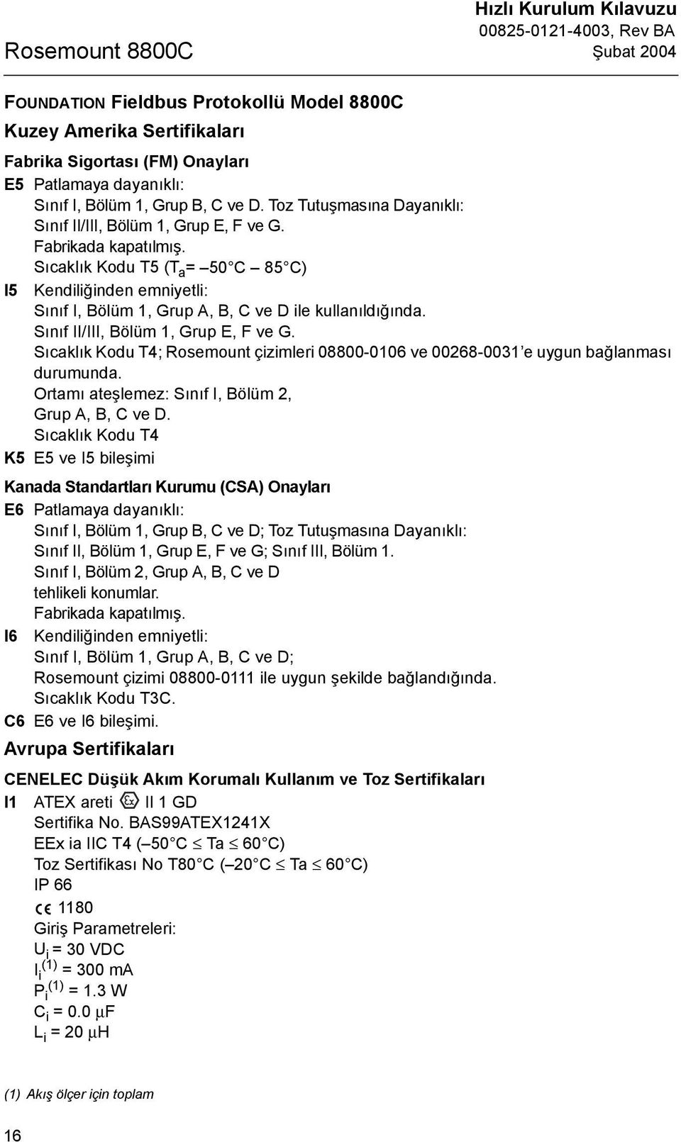 Sõcaklõk Kodu T5 (T a = 50 C 85 C) I5 Kendiliğinden emniyetli: Sõnõf I, Bölüm 1, Grup A, B, C ve D ile kullanõldõğõnda. Sõnõf II/III, Bölüm 1, Grup E, F ve G.