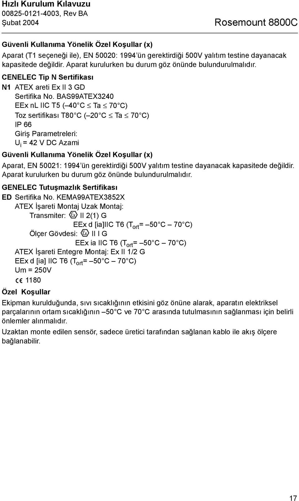 BAS99ATEX3240 EEx nl IIC T5 ( 40 C Ta 70 C) Toz sertifikasõ T80 C ( 20 C Ta 70 C) IP 66 Giriş Parametreleri: U i = 42 V DC Azami Güvenli Kullanõma Yönelik Özel Koşullar (x) Aparat, EN 50021: 1994 ün