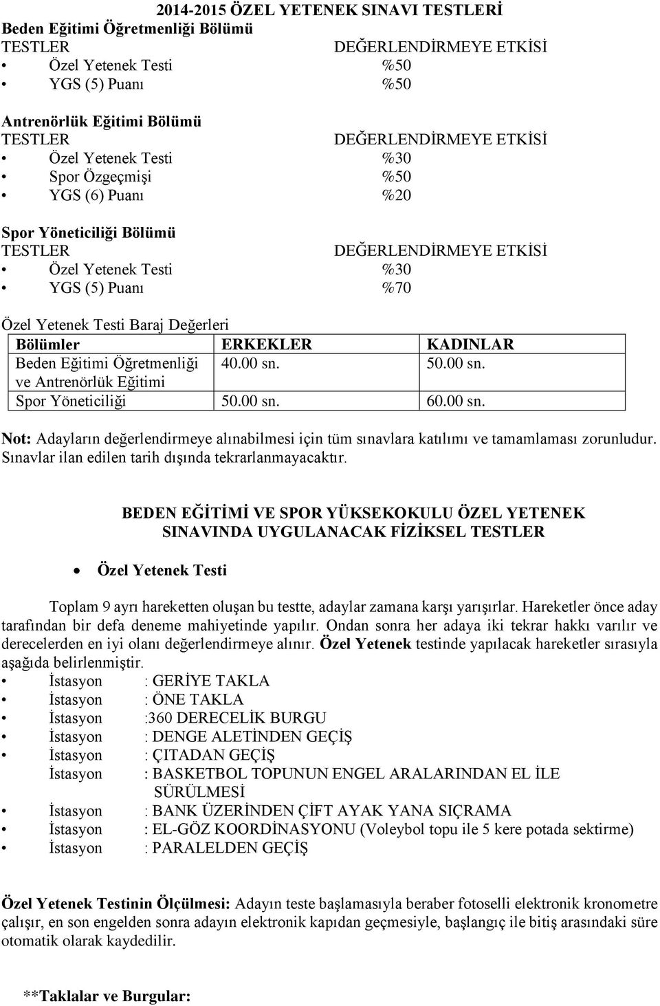 Bölümler ERKEKLER KADINLAR Beden Eğitimi Öğretmenliği 40.00 sn. 50.00 sn. ve Antrenörlük Eğitimi Spor Yöneticiliği 50.00 sn. 60.00 sn. Not: Adayların değerlendirmeye alınabilmesi için tüm sınavlara katılımı ve tamamlaması zorunludur.