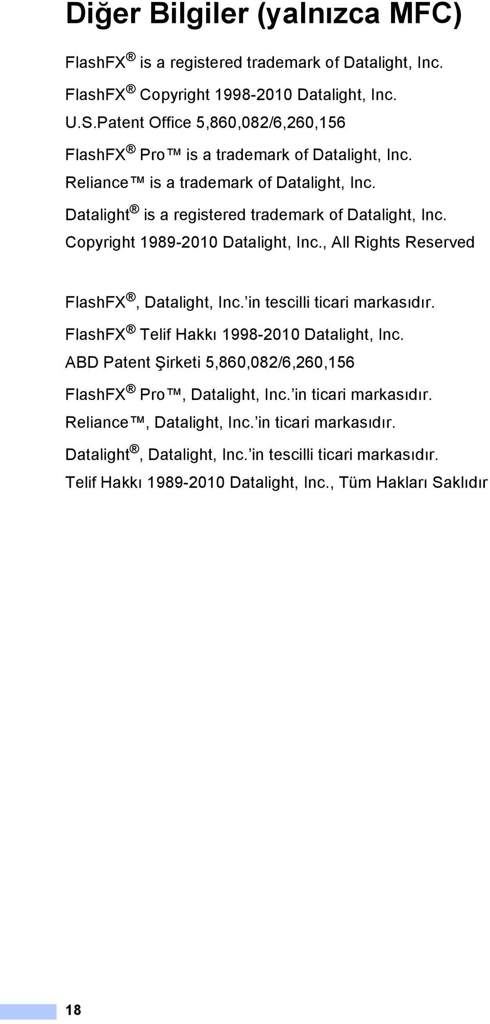 Copyright 1989-2010 Datalight, Inc., ll Rights Reserved FlashFX, Datalight, Inc. in tescilli ticari markasıdır. FlashFX Telif Hakkı 1998-2010 Datalight, Inc.