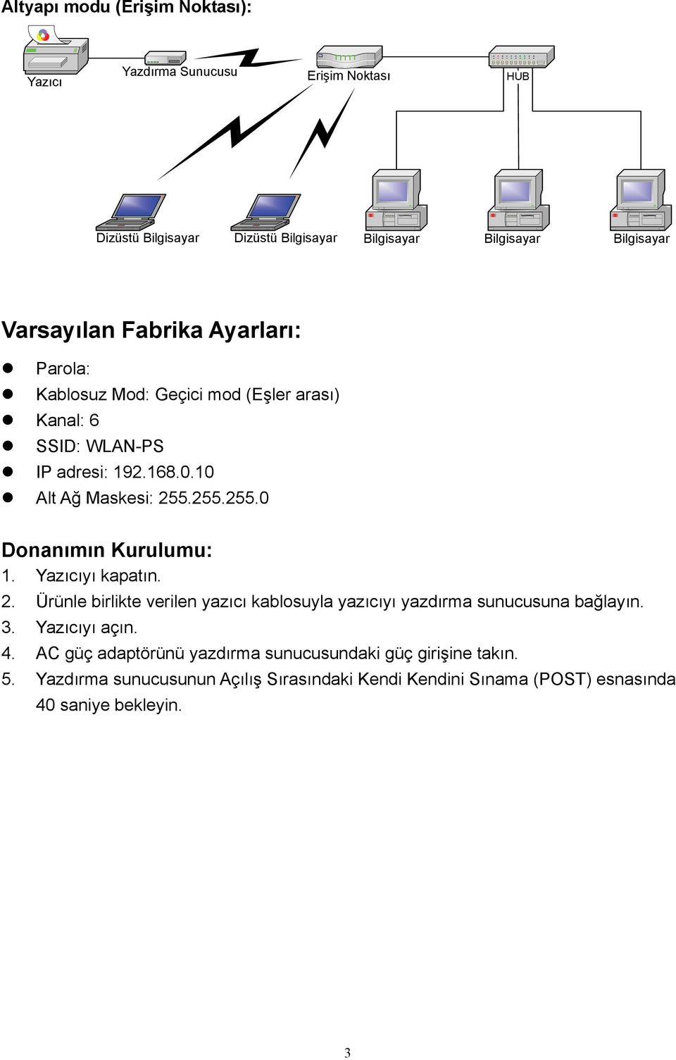 192.168.0.10 Alt Ağ Maskesi: 255.255.255.0 Donanımın Kurulumu: 1. Yazıcıyı kapatın. 2. Ürünle birlikte verilen yazıcı kablosuyla yazıcıyı yazdırma sunucusuna bağlayın. 3.