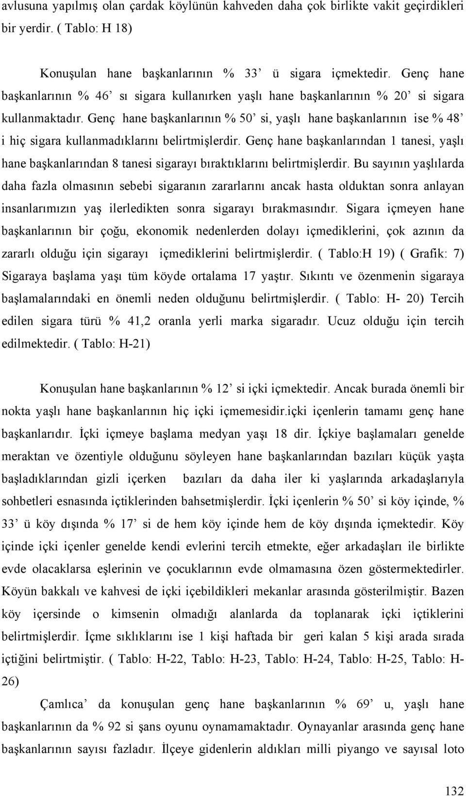 Genç hane başkanlarının % 50 si, yaşlı hane başkanlarının ise % 48 i hiç sigara kullanmadıklarını belirtmişlerdir.