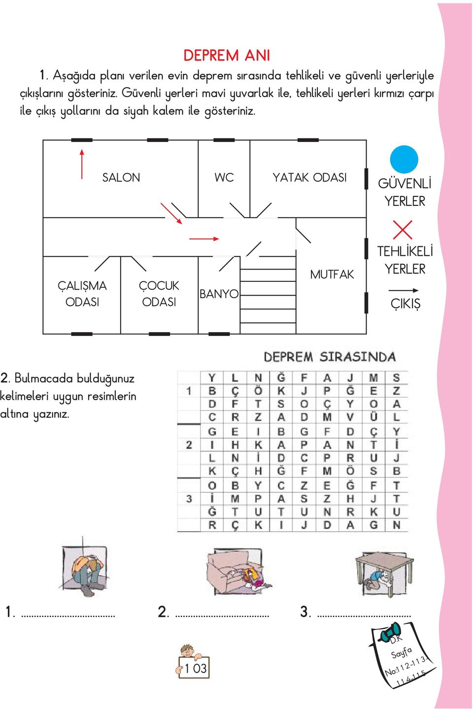 gösteriniz. SALON WC YATAK ODASI GÜVENL YERLER ÇALIfiMA ODASI ÇOCUK ODASI BANYO MUTFAK TEHL KEL YERLER ÇIKIfi 2.