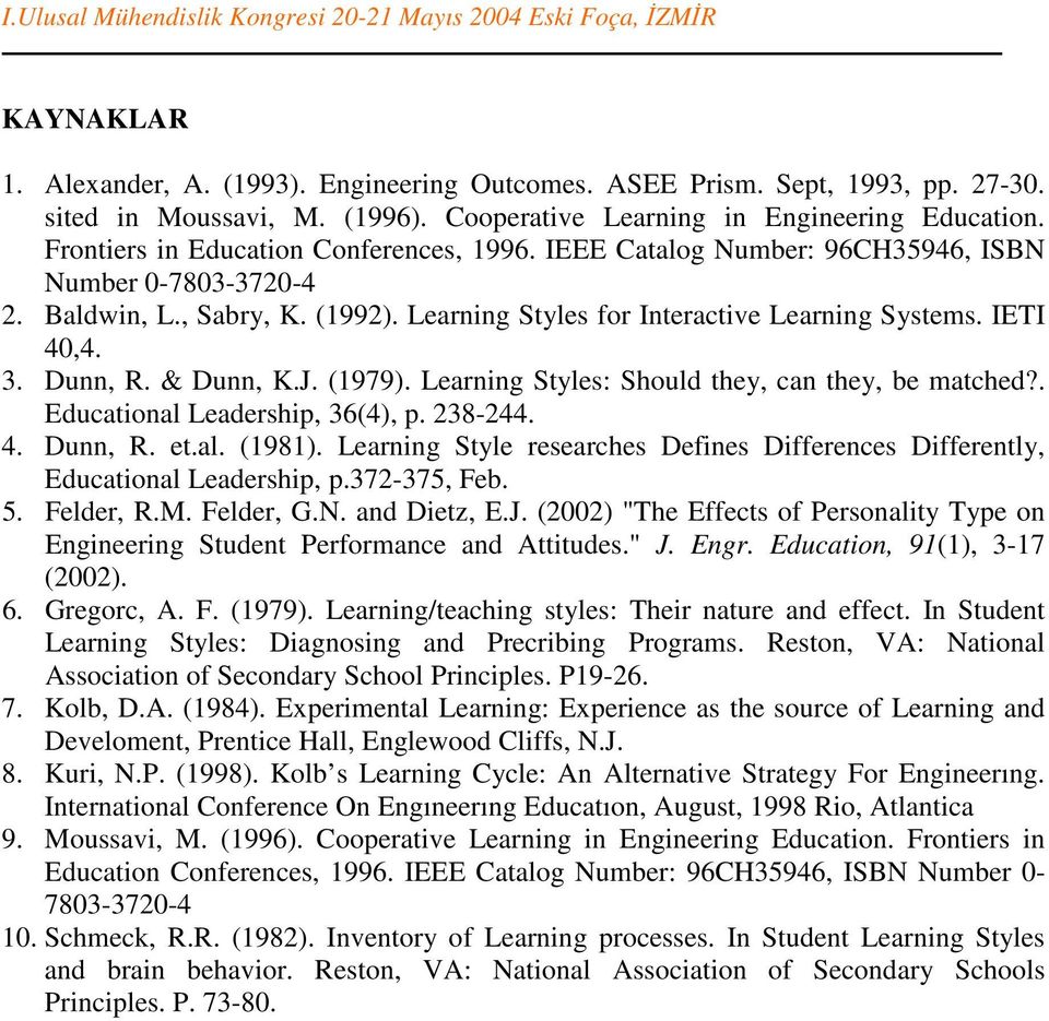 Dunn, R. & Dunn, K.J. (1979). Learning Styles: Should they, can they, be matched?. Educational Leadership, 36(4), p. 238-244. 4. Dunn, R. et.al. (1981).