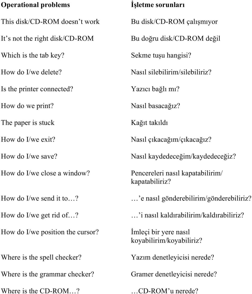 Where is the grammar checker? Where is the CD-ROM? İşletme sorunları Bu disk/cd-rom çalışmıyor Bu doğru disk/cd-rom değil Sekme tuşu hangisi? Nasıl silebilirim/silebiliriz? Yazıcı bağlı mı?