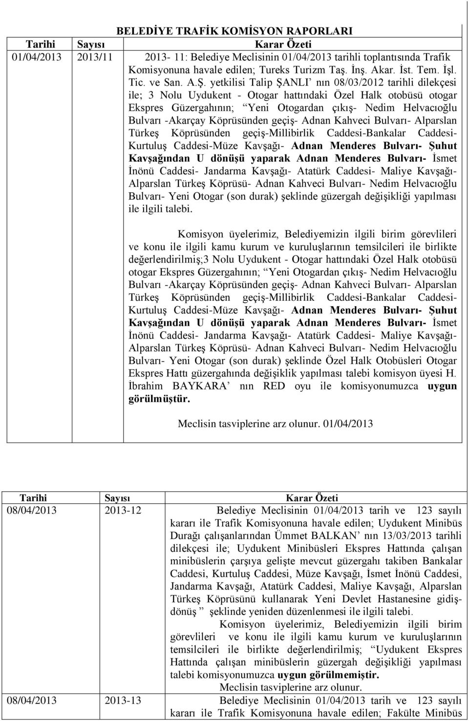 yetkilisi Talip ŞANLI nın 08/03/2012 tarihli dilekçesi ile; 3 Nolu Uydukent - Otogar hattındaki Özel Halk otobüsü otogar Ekspres Güzergahının; Yeni Otogardan çıkış- Nedim Helvacıoğlu Bulvarı -Akarçay