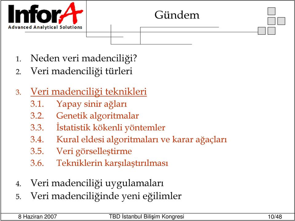 4. Kural eldesi algoritmaları ve karar ağaçları 3.5. Veri görselleştirme 3.6.