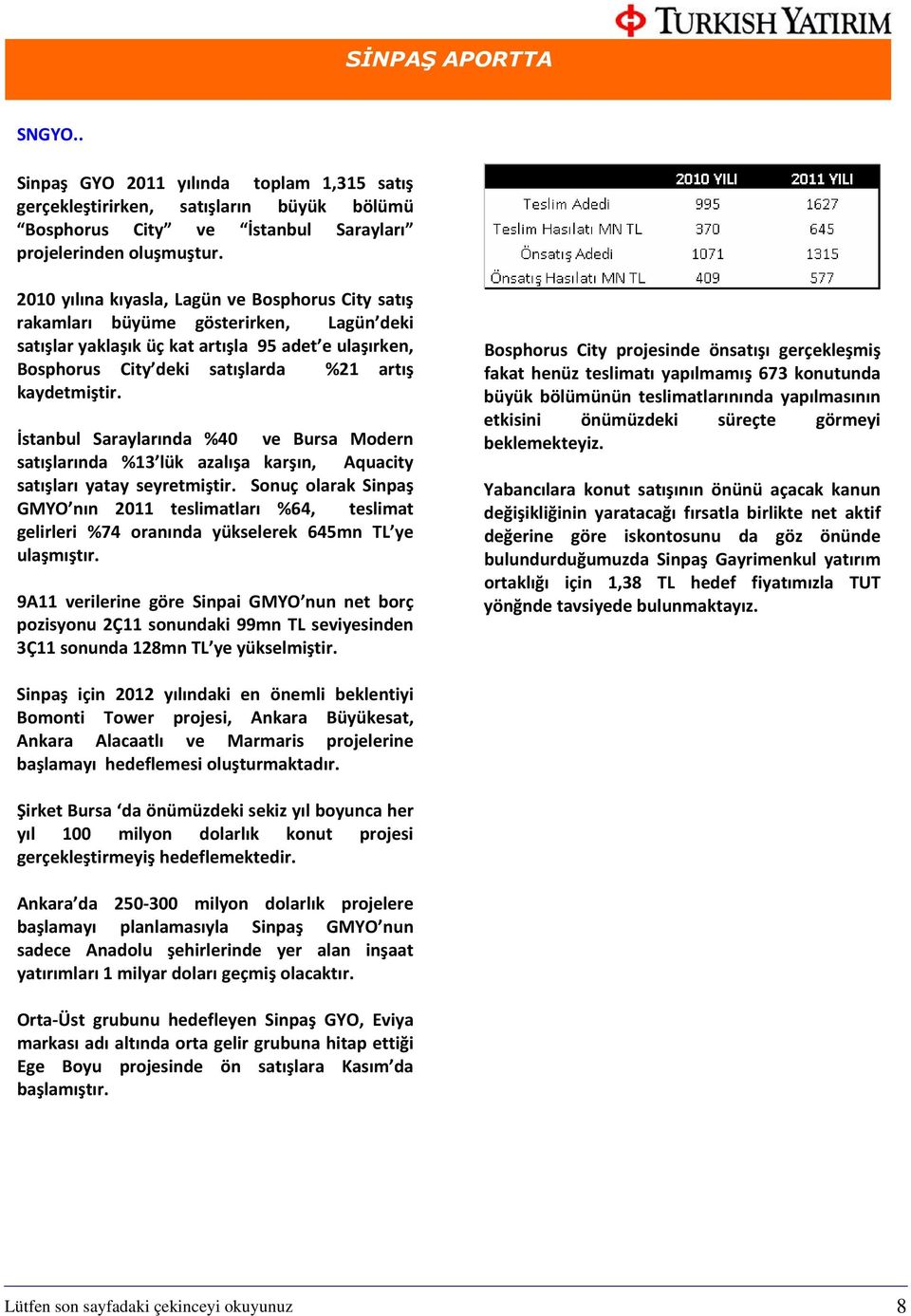 İstanbul Saraylarında %40 ve Bursa Modern satışlarında %13 lük azalışa karşın, Aquacity satışları yatay seyretmiştir.