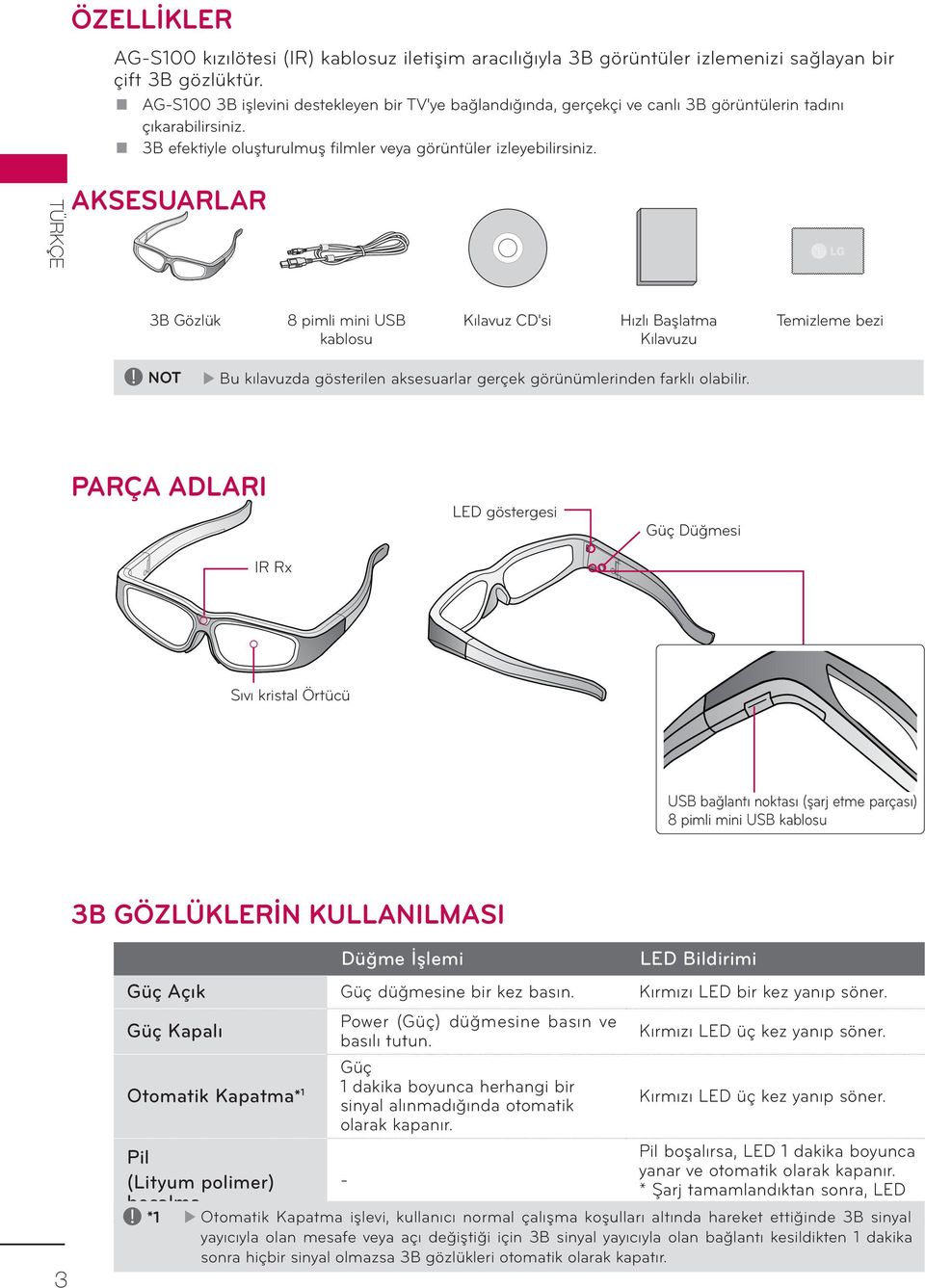 Aksesuarlar 3B Gözlük 8 pimli mini USB kablosu Kılavuz CD'si Hızlı Başlatma Kılavuzu Temizleme bezi! NOT Bu kılavuzda gösterilen aksesuarlar gerçek görünümlerinden farklı olabilir.