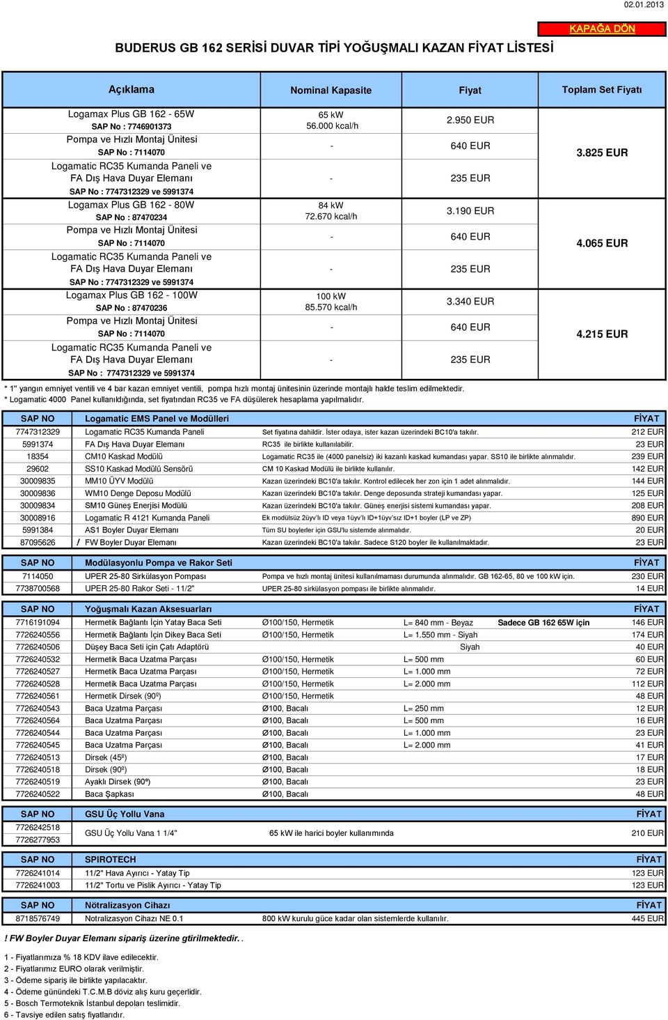 * Logamatic 4000 Panel kullanıldığında, set fiyatından RC35 ve FA düşülerek hesaplama yapılmalıdır. 2.