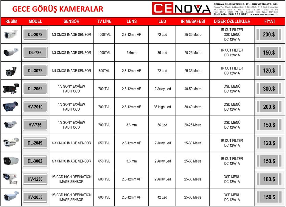 $ HV-2010 1/3 SONY EXVİEW HAD II CCD 700 TVL 2.8-12mm VF 36 High Led 30-40 Metre HV-736 1/3 SONY EXVİEW HAD II CCD 700 TVL 3.6 mm 36 Led 20-25 Metre 150.$ DL-2049 1/3 CMOS 650 TVL 2.